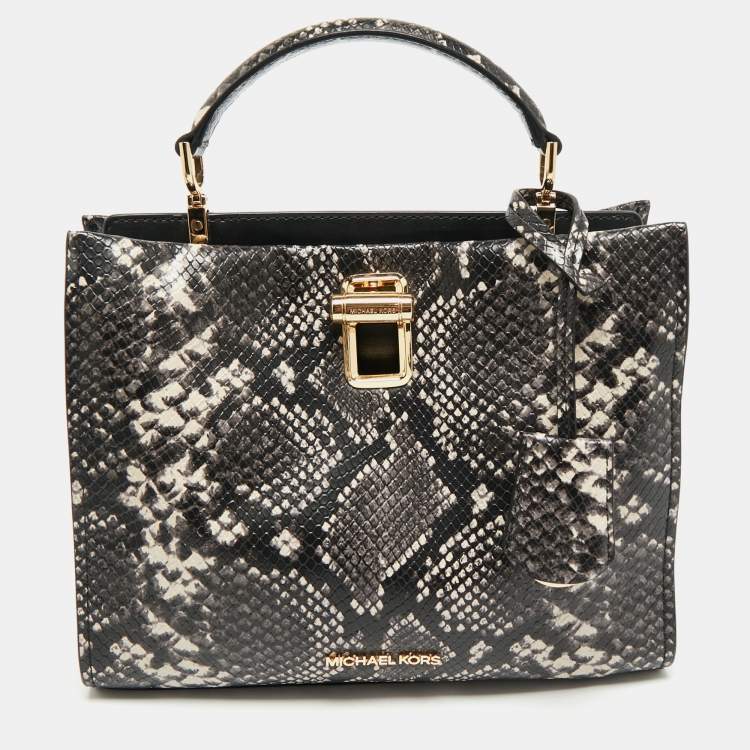 Pre Owned Michael Kors Black/White Snakeskin Embossed Leather Penelope Top Handle Bag