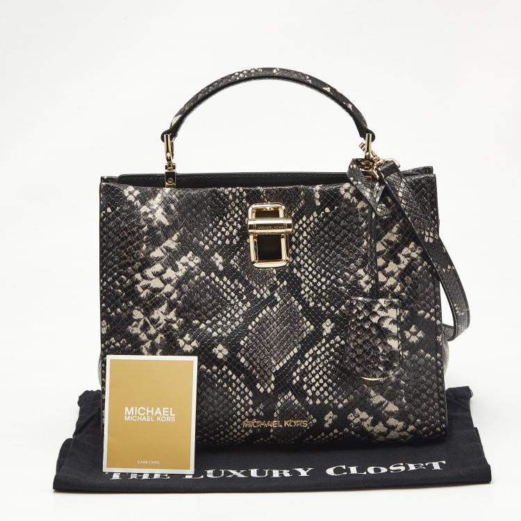 Pre Owned Michael Kors Black/White Snakeskin Embossed Leather Penelope Top Handle Bag