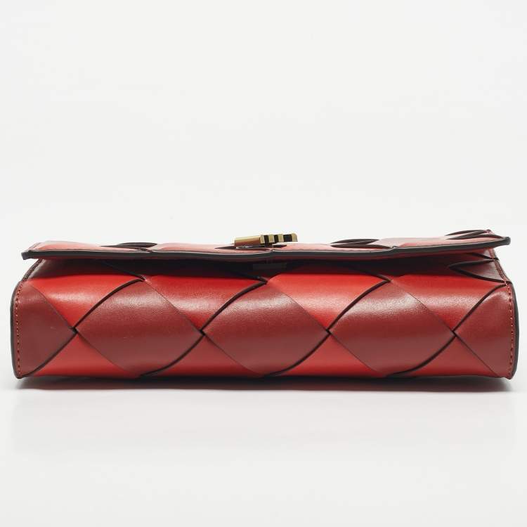 Pre Owned Michael Kors Red Woven Leather Mott East West Chain Clutch
