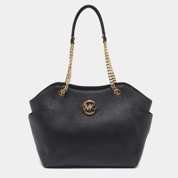 Pre Owned Michael Kors Black Leather Jet Set Travel Chain Tote