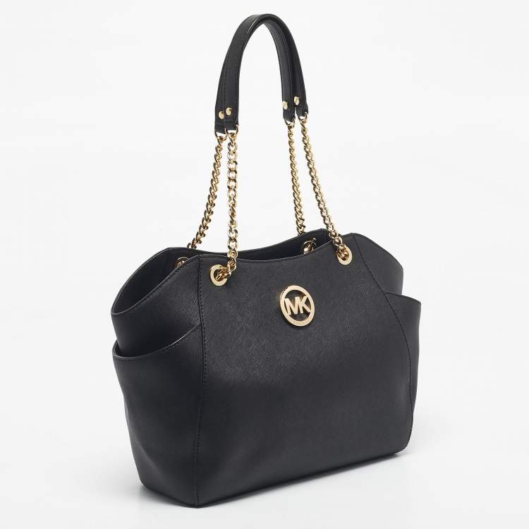 Pre Owned Michael Kors Black Leather Jet Set Travel Chain Tote