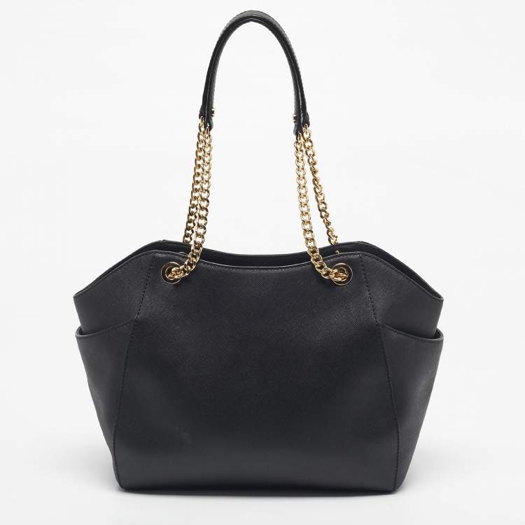 Pre Owned Michael Kors Black Leather Jet Set Travel Chain Tote