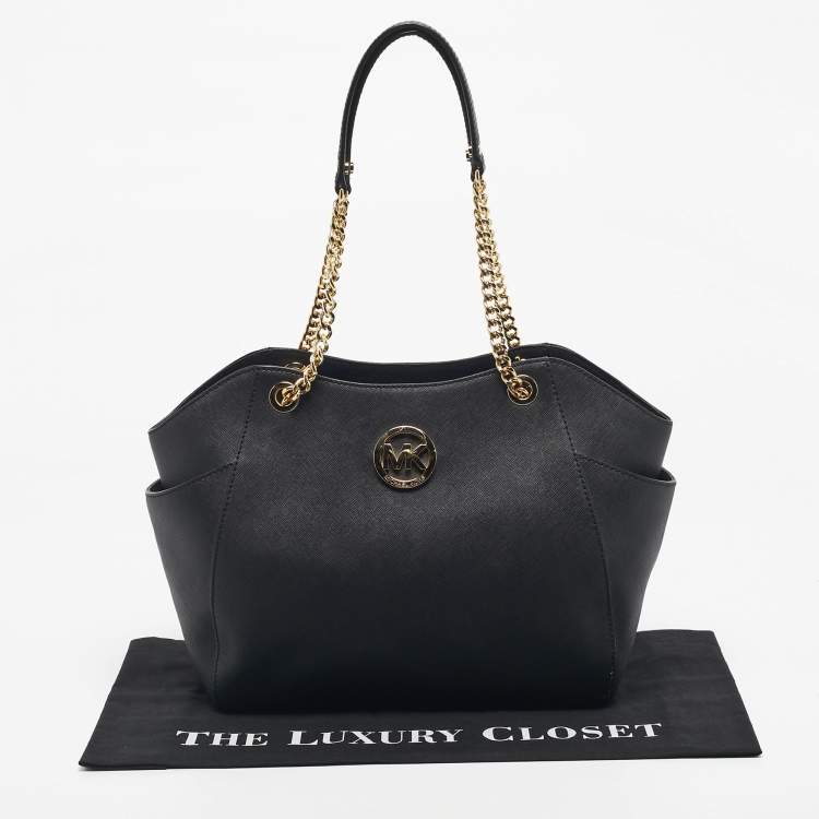Pre Owned Michael Kors Black Leather Jet Set Travel Chain Tote