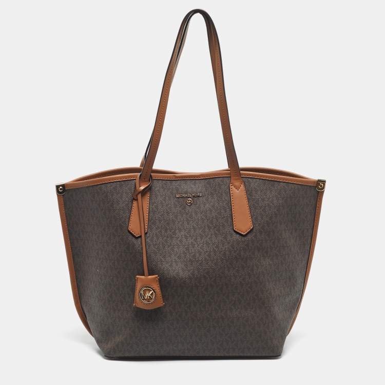 Pre Owned Michael Kors Brown Signature Coated Canvas and Leather Jane Tote