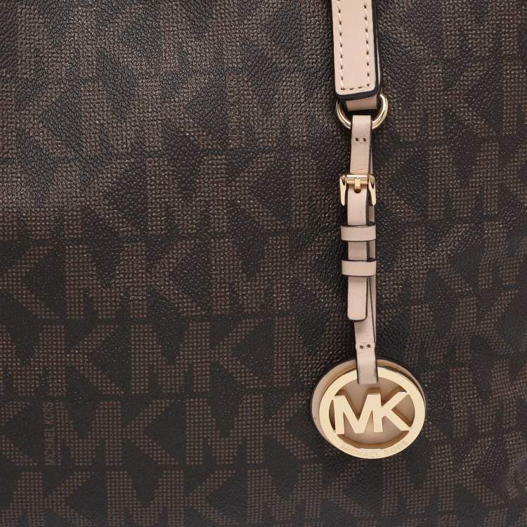 Pre Owned Michael Kors Brown Signature Coated Canvas Jet Set Travel Tote