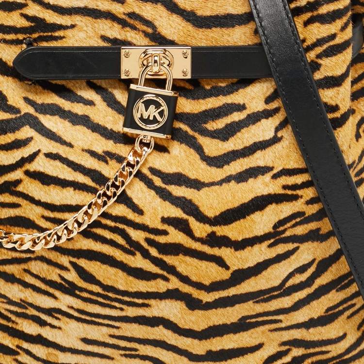 Pre Owned Michael Kors Brown/Black Zebra Print Calf Hair Medium Hamilton Legacy Bucket Bag