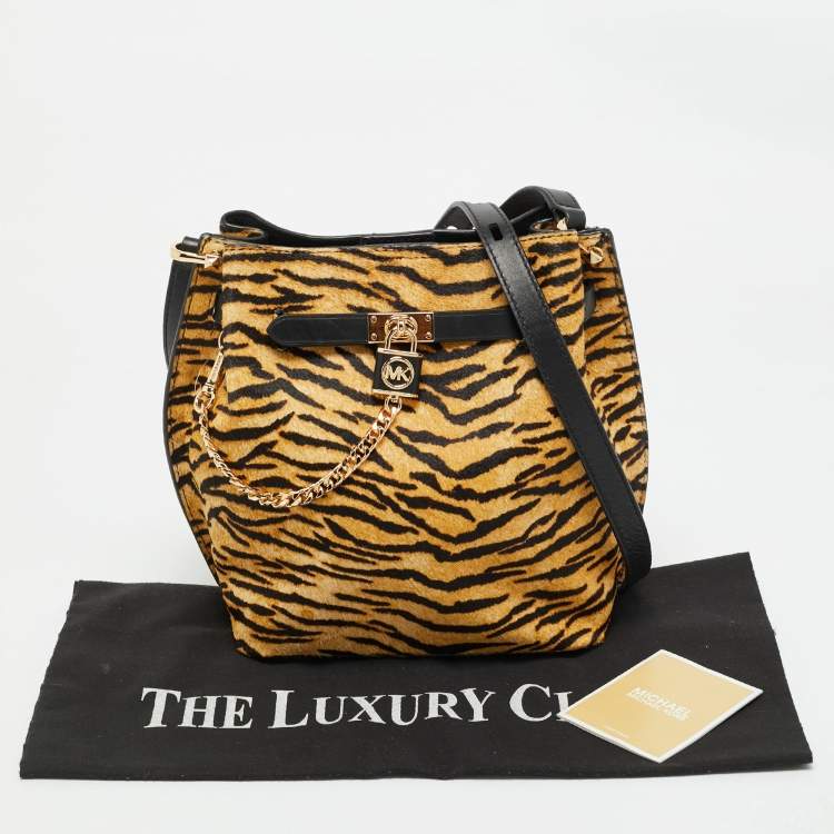 Pre Owned Michael Kors Brown/Black Zebra Print Calf Hair Medium Hamilton Legacy Bucket Bag