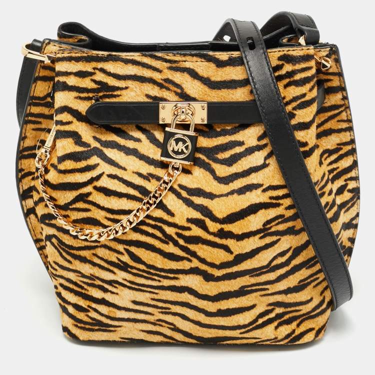 Pre Owned Michael Kors Brown/Black Zebra Print Calf Hair Medium Hamilton Legacy Bucket Bag