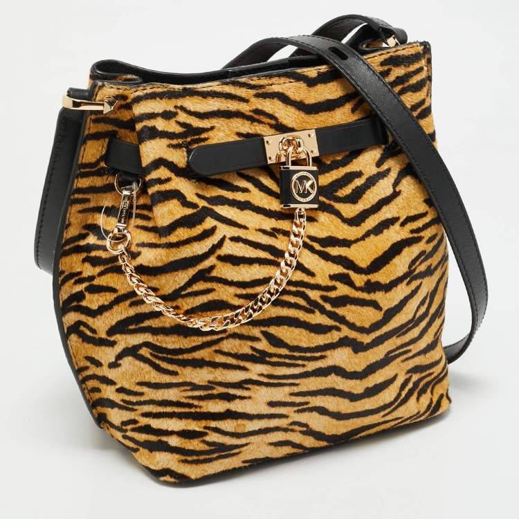 Pre Owned Michael Kors Brown/Black Zebra Print Calf Hair Medium Hamilton Legacy Bucket Bag