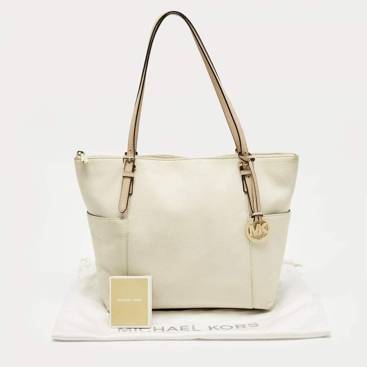 Pre Owned MICHAEL Michael Kors Off White/Beige Leather Jet Set East West Tote