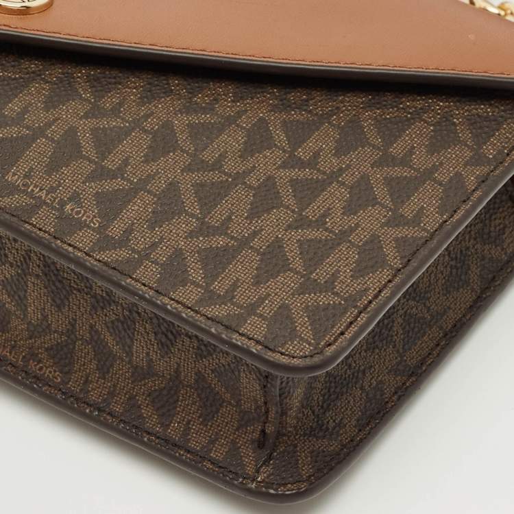 Pre Owned Michael Kors Brown Signature Coated Canvas and Leather Envelope Wallet on Strap