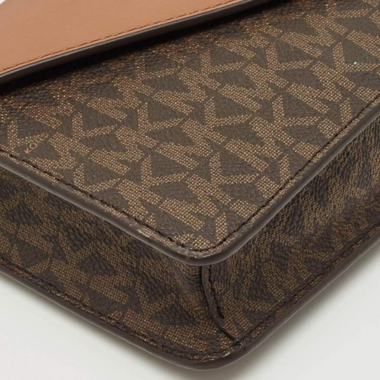 Pre Owned Michael Kors Brown Signature Coated Canvas and Leather Envelope Wallet on Strap