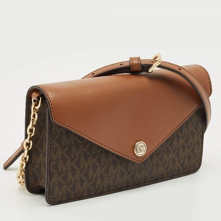 Pre Owned Michael Kors Brown Signature Coated Canvas and Leather Envelope Wallet on Strap