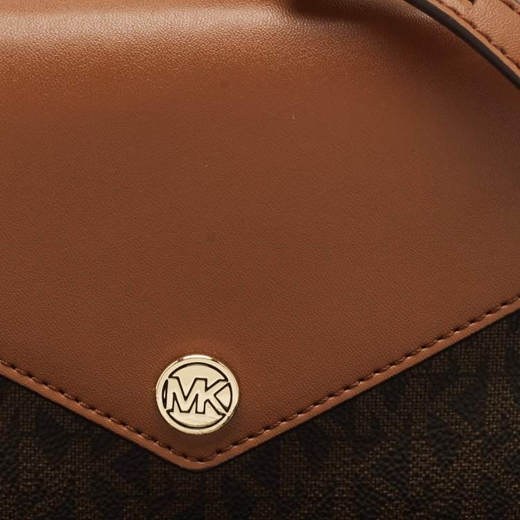 Pre Owned Michael Kors Brown Signature Coated Canvas and Leather Envelope Wallet on Strap