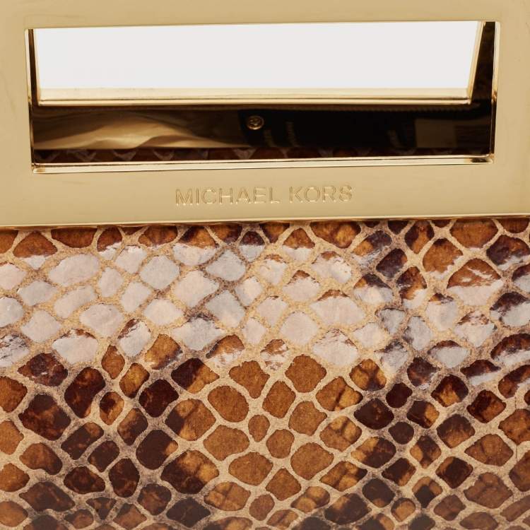 Pre Owned Michael Kors Beige Python Effect Leather Cut Out Handle Clutch