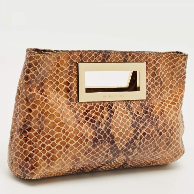 Pre Owned Michael Kors Beige Python Effect Leather Cut Out Handle Clutch