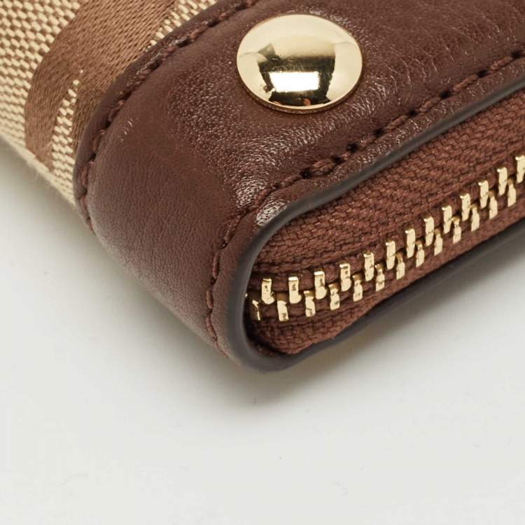 Pre Owned Michael Kors Beige/Dark Brown Signature Canvas and Leather Zip Around Wallet