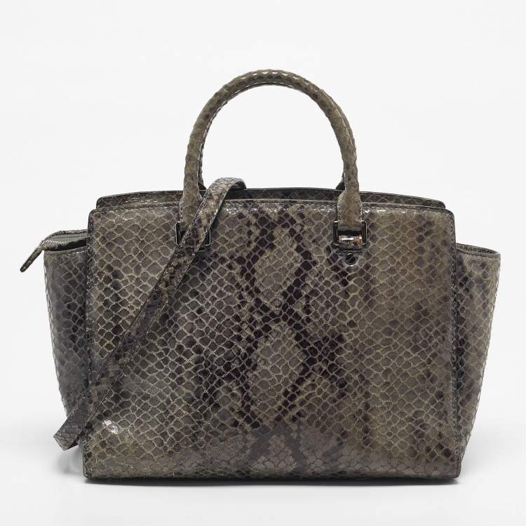 Pre Owned Michael Kors Grey Python Effect Leather Large Selma Tote