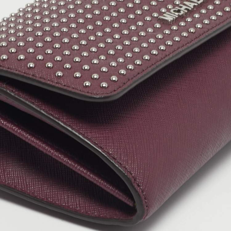 Pre Owned Michael Kors Plum Leather Studded Flap Wallet On Chain