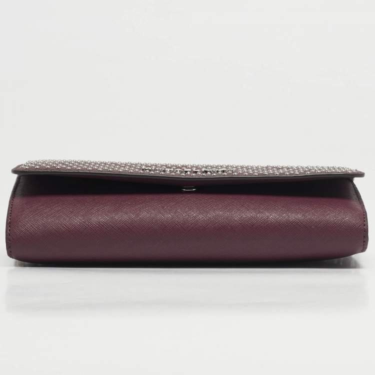 Pre Owned Michael Kors Plum Leather Studded Flap Wallet On Chain