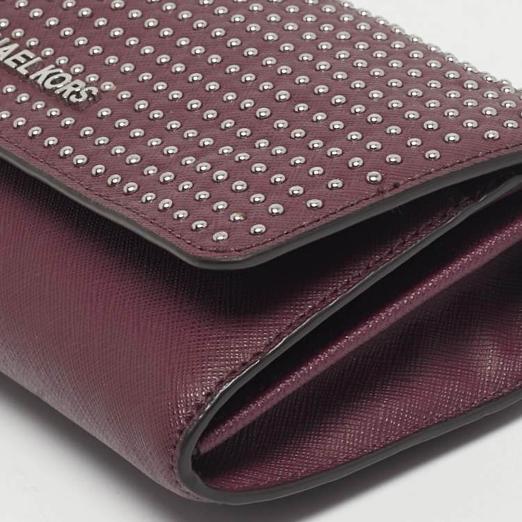 Pre Owned Michael Kors Plum Leather Studded Flap Wallet On Chain