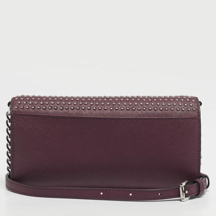 Pre Owned Michael Kors Plum Leather Studded Flap Wallet On Chain