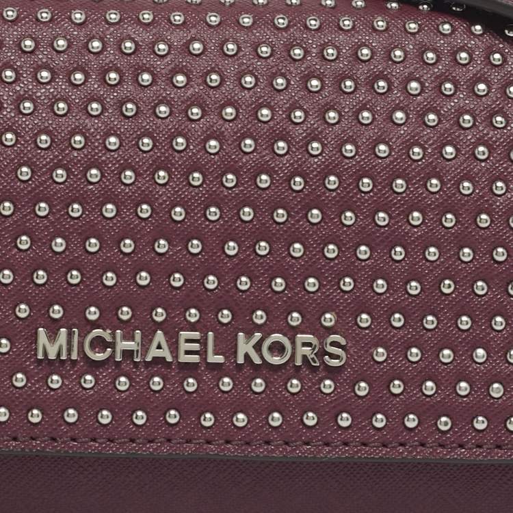 Pre Owned Michael Kors Plum Leather Studded Flap Wallet On Chain