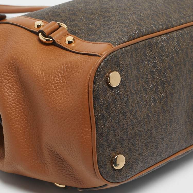 Pre Owned Michael Kors Two Tone Brown Signature Coated Canvas and Leather Carrie Shoulder Bag