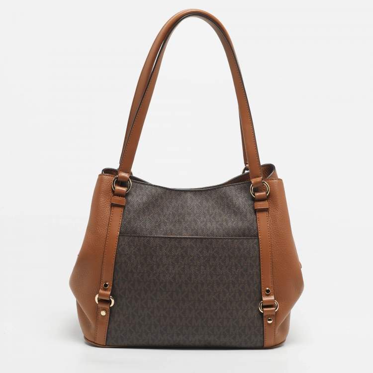 Pre Owned Michael Kors Two Tone Brown Signature Coated Canvas and Leather Carrie Shoulder Bag