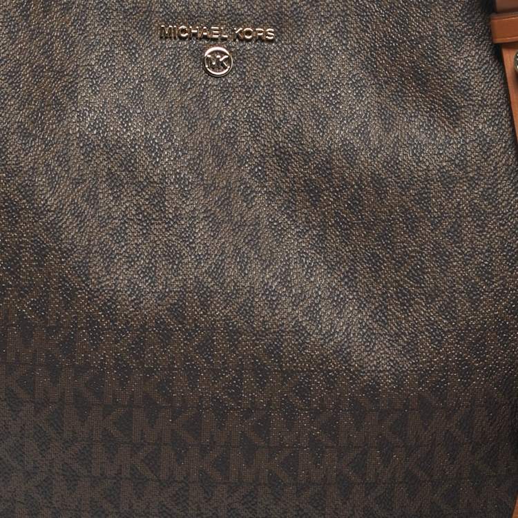 Pre Owned Michael Kors Two Tone Brown Signature Coated Canvas and Leather Carrie Shoulder Bag