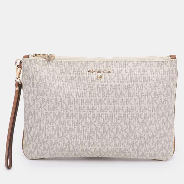 Pre Owned Michael Kors Cream/Brown Coated Canvas and Leather Slater 2-in-1 Wristlet Clutch