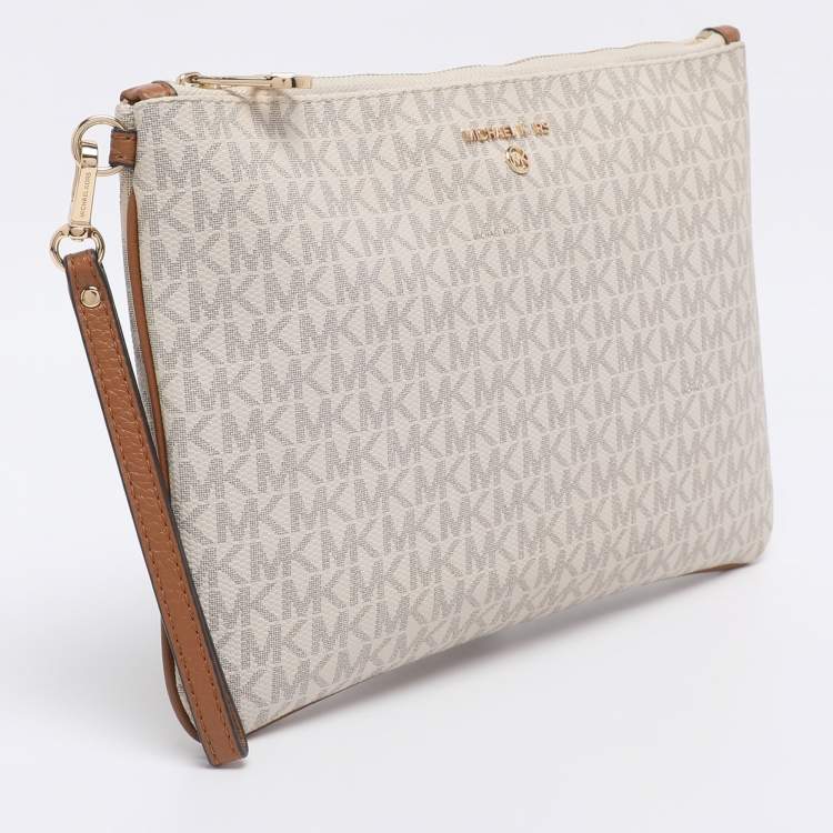 Pre Owned Michael Kors Cream/Brown Coated Canvas and Leather Slater 2-in-1 Wristlet Clutch