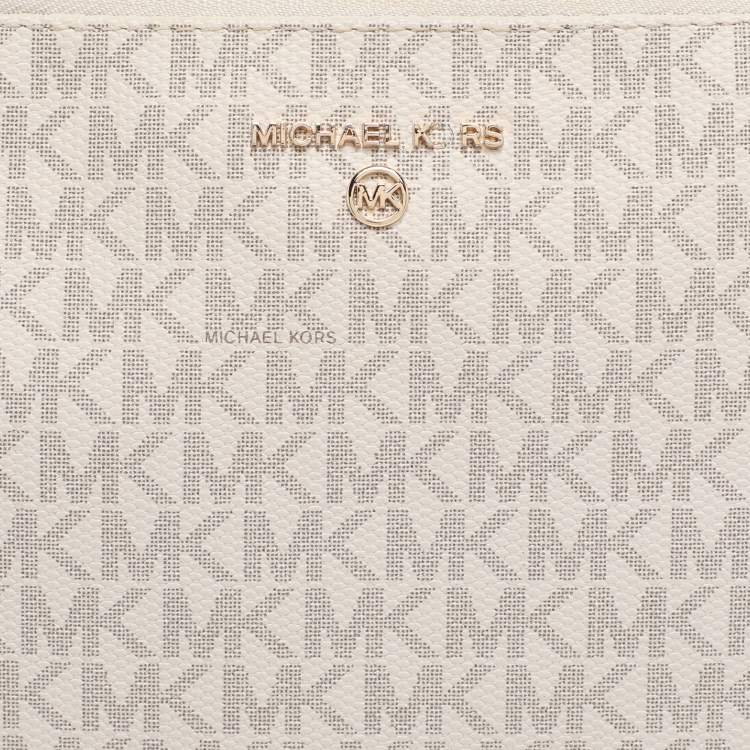 Pre Owned Michael Kors Cream/Brown Coated Canvas and Leather Slater 2-in-1 Wristlet Clutch