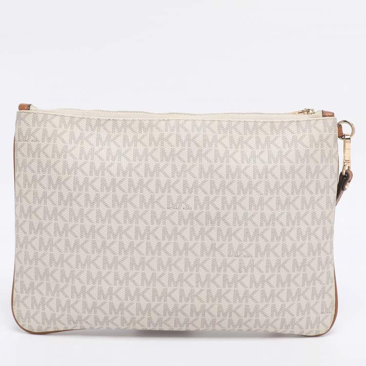 Pre Owned Michael Kors Cream/Brown Coated Canvas and Leather Slater 2-in-1 Wristlet Clutch