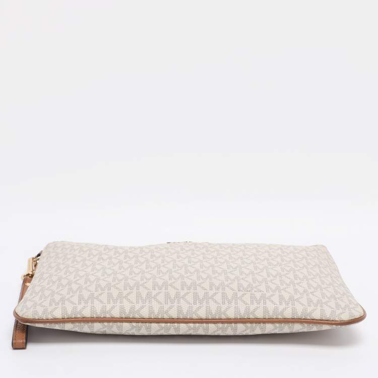 Pre Owned Michael Kors Cream/Brown Coated Canvas and Leather Slater 2-in-1 Wristlet Clutch