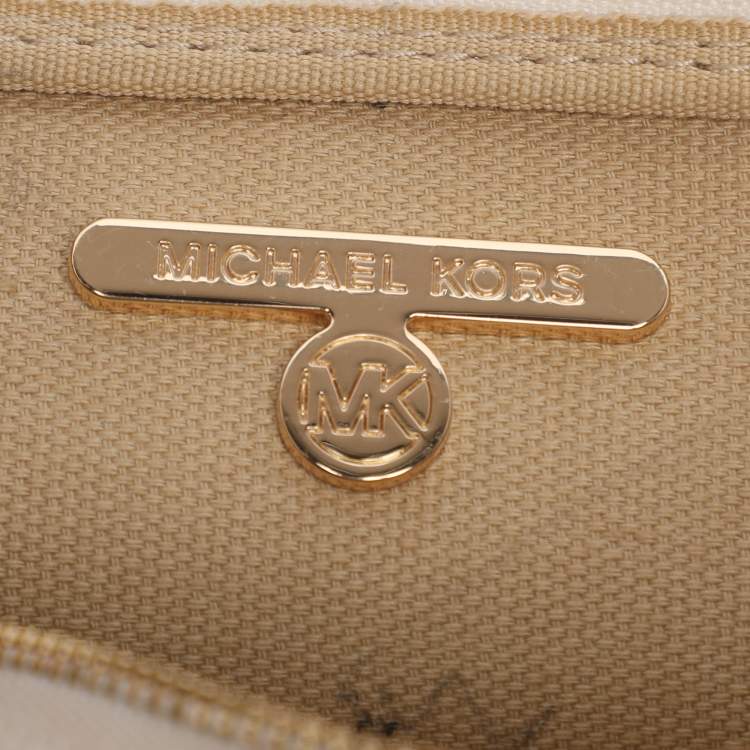 Pre Owned Michael Kors Cream/Brown Coated Canvas and Leather Slater 2-in-1 Wristlet Clutch