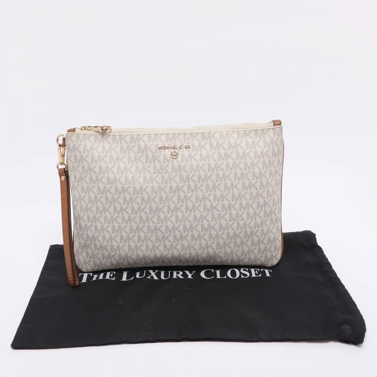 Pre Owned Michael Kors Cream/Brown Coated Canvas and Leather Slater 2-in-1 Wristlet Clutch