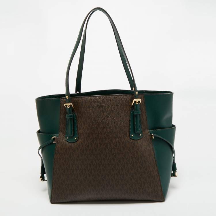 Pre Owned Michael Kors Green/Brown Signature Coated Canvas and Leather Voyager East West Tote