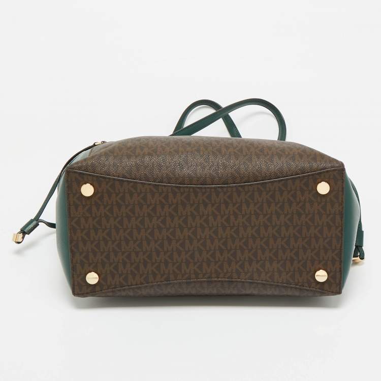 Pre Owned Michael Kors Green/Brown Signature Coated Canvas and Leather Voyager East West Tote