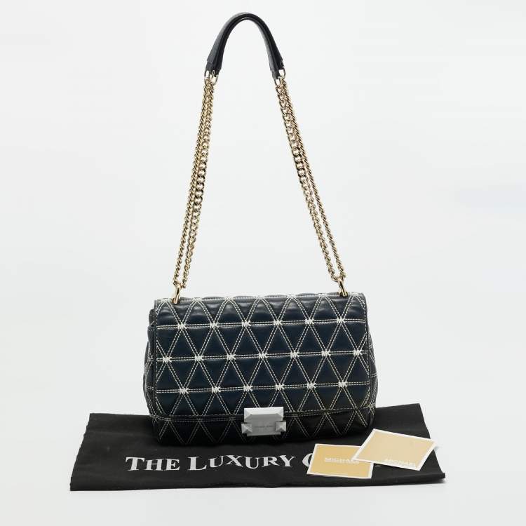 Pre Owned Michael Kors Navy Blue Quilted Leather Large Sloan Logo Studded Shoulder Bag