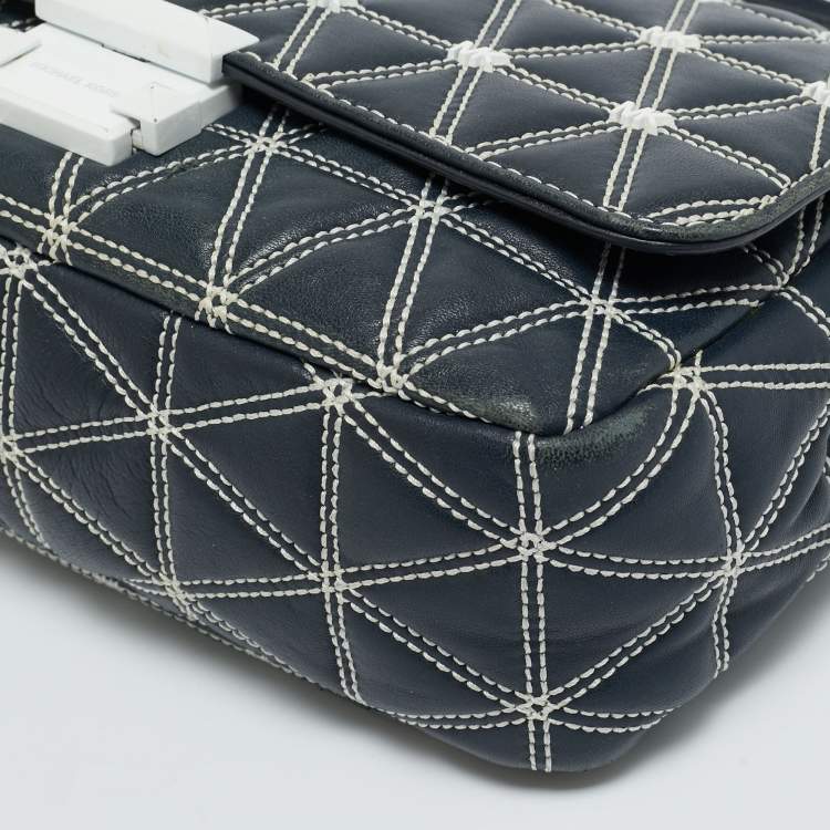 Pre Owned Michael Kors Navy Blue Quilted Leather Large Sloan Logo Studded Shoulder Bag