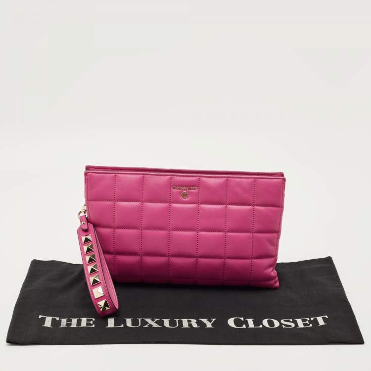 Pre Owned Michael Kors Pink Quilted Leather Wristlet Studded Clutch