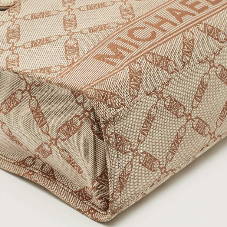 Pre Owned Michael Kors Beige/Brown Logo Jacquard Canvas Large GIgi Tote
