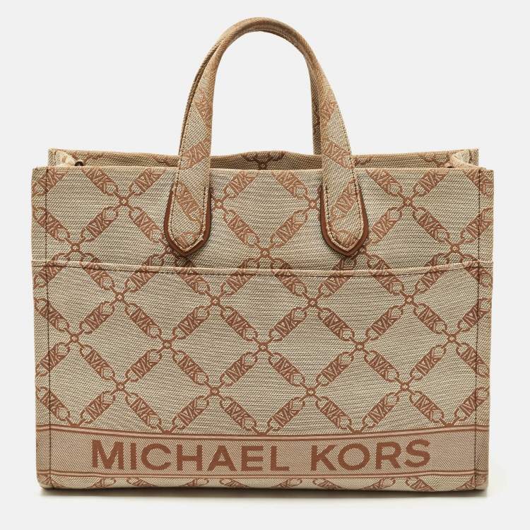 Pre Owned Michael Kors Beige/Brown Logo Jacquard Canvas Large GIgi Tote