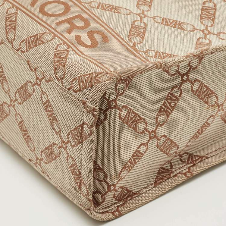 Pre Owned Michael Kors Beige/Brown Logo Jacquard Canvas Large GIgi Tote