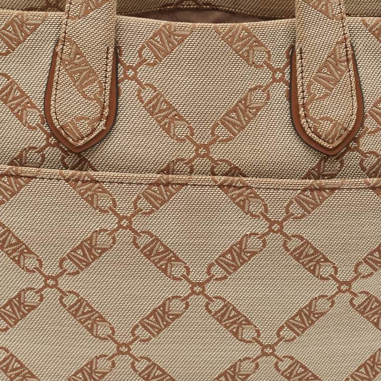 Pre Owned Michael Kors Beige/Brown Logo Jacquard Canvas Large GIgi Tote
