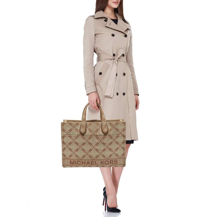 Pre Owned Michael Kors Beige/Brown Logo Jacquard Canvas Large GIgi Tote