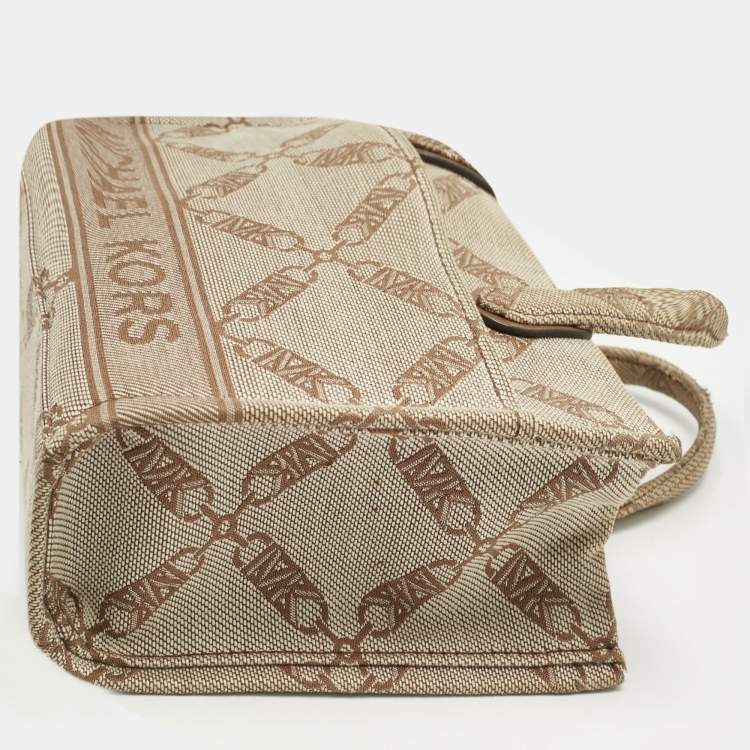 Pre Owned Michael Kors Beige Empire Logo Jacquard Canvas Small Gigi Tote