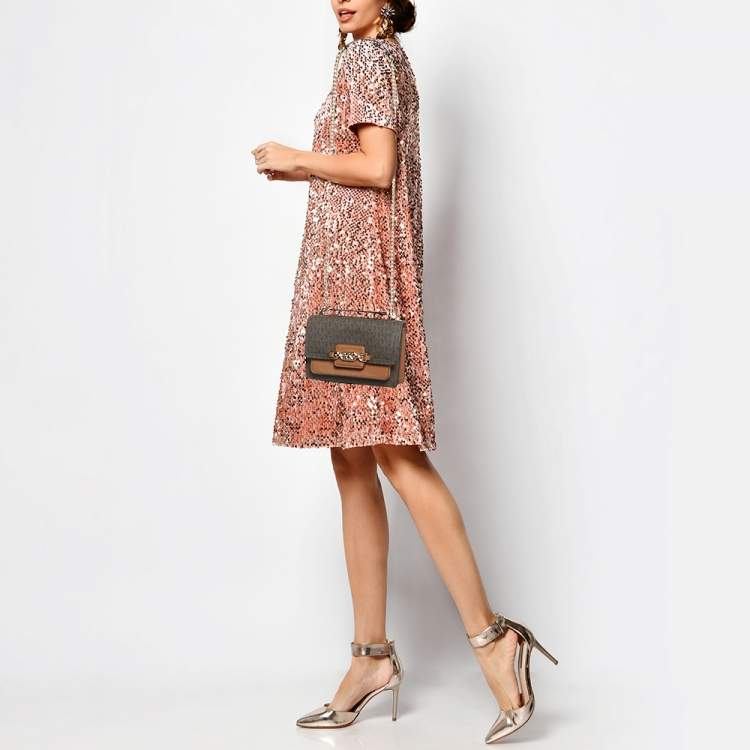 Pre Owned Michael Kors Brown Signature Coated Canvas Extra Small Heather Shoulder Bag