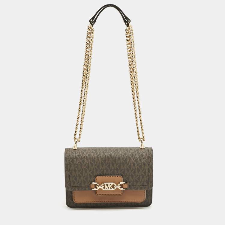 Pre Owned Michael Kors Brown Signature Coated Canvas Extra Small Heather Shoulder Bag